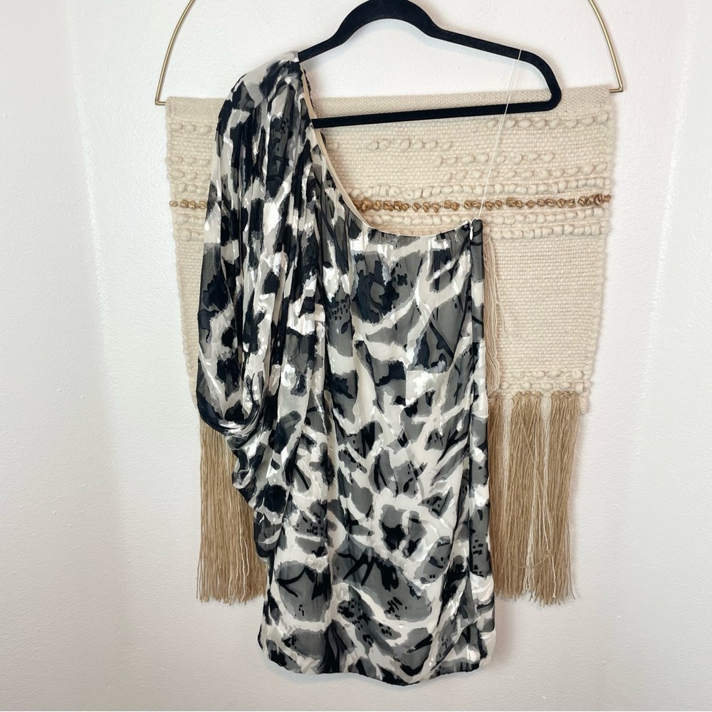 Aidan Mattox Silk One Shoulder Mini Dress Black White 10